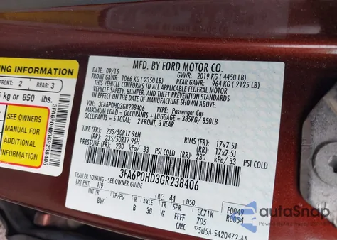 2016 Ford Fusion Se из США, поврежденный, VIN 3FA6P0HD3GR238406